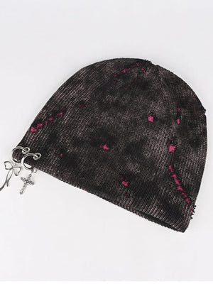 Distressed Beanie – Schwarz-Pink, flach, Seitenansicht | XoKool