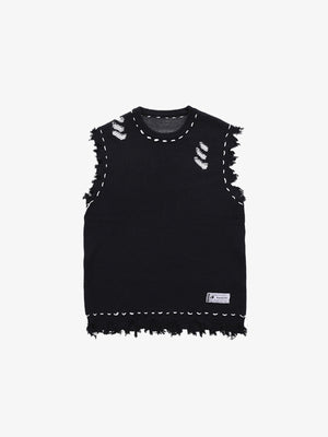 Distressed Strickweste mit ausgefranstem Saum – Schwarz, Vorderansicht flach | XoKool