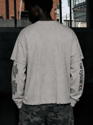 Distressed Layered Long Sleeve Shirt with Text Print – On model, back | XoKool