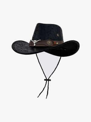 Distressed Leather-Look Western Cowboy Hat – Black Longhorn, front view | XoKool