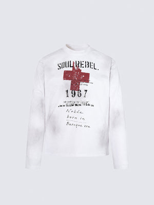 Distressed Long Sleeve Shirt with Red Cross Print – White, front flat | XoKool