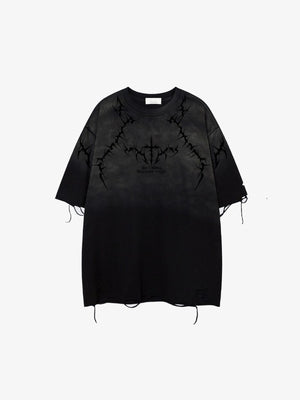 Distressed Ombre T-Shirt with Thorn Vine Print – Black front flat lay | XoKool