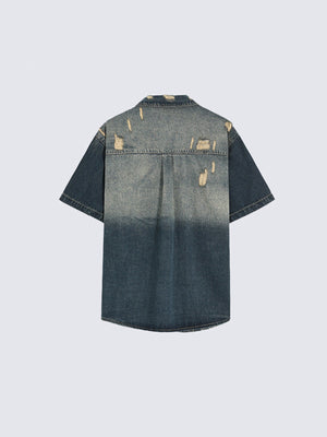 Distressed Short Sleeve Denim Shirt with Snaps – back flat | XoKool