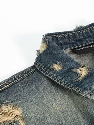 Distressed Short Sleeve Denim Shirt with Snaps – collar and distressed shoulder close-up | XoKool