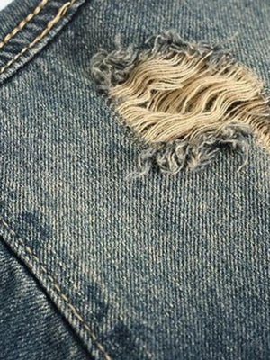 Distressed Short Sleeve Denim Shirt with Snaps – ripped hole close-up | XoKool