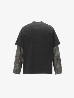 Distressed Sleeve Layered Long Sleeve Tee with Script Print – back view | XoKool