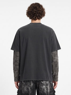 Distressed Sleeve Layered Long Sleeve Tee with Script Print – on model, back | XoKool