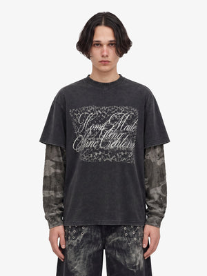 Distressed Sleeve Layered Long Sleeve Tee with Script Print – on model, front | XoKool