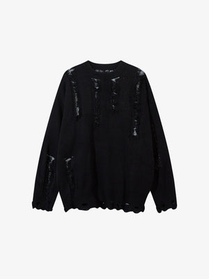 Distressed Pullover mit ausgefransten Ladder Rips – Schwarz, Vorderansicht | XoKool