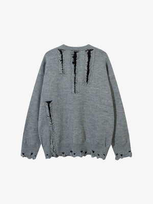 Distressed Pullover mit ausgefransten Ladder Rips – Grau, Rückansicht | XoKool