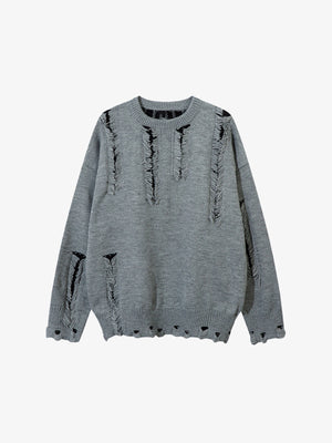Distressed Pullover mit ausgefransten Ladder Rips – Grau, Vorderansicht | XoKool
