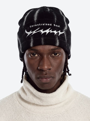Distressed Thorn Embroidered Rib Knit Beanie – on model (man), front | XoKool