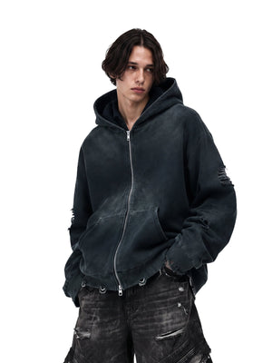 Distressed Washed Black Zip Up Hoodie – on model, front | XoKool