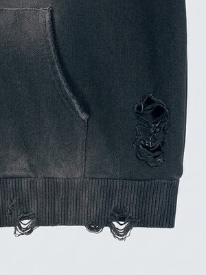 Distressed zip up hoodie – pocket and distressed hem close-up | XoKool
