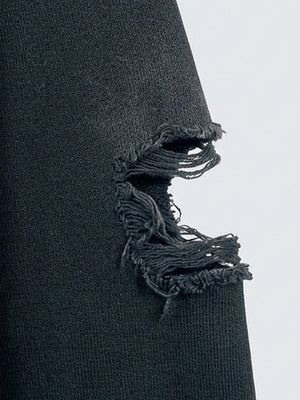 Distressed Washed Black Zip Up Hoodie – sleeve rip close-up | XoKool
