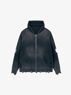 Distressed Washed Black Zip Up Hoodie – Washed black, front flat | XoKool