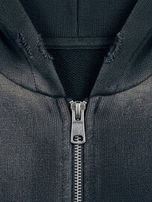 Distressed Washed Black Zip Up Hoodie – zipper and hood close-up | XoKool