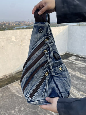 Distressed Washed Sling Chest Bag – Blue, held in hand (duplicate of 1) | XoKool