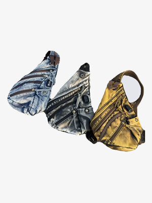 Distressed Washed Sling Chest Bag – three colours flat (blue, grey, yellow) | XoKool