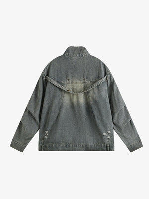 Distressed Zip Up Denim Jacket with Stand Collar – Blue Grey, back view | XoKool