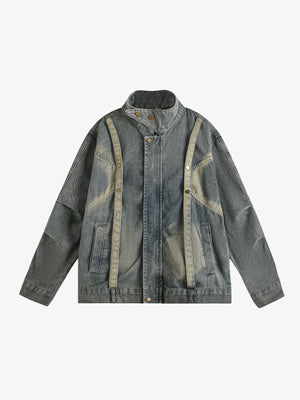 Distressed Zip Up Denim Jacket with Stand Collar – Blue Grey, front view | XoKool