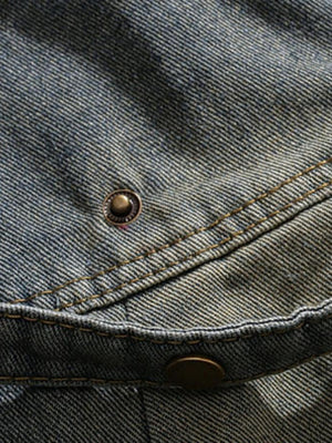 Distressed Zip Up Denim Jacket with Stand Collar – snap and seam close-up | XoKool