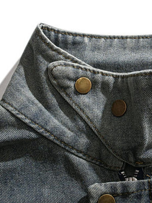 Distressed Zip Up Denim Jacket with Stand Collar – stand collar snap close-up | XoKool