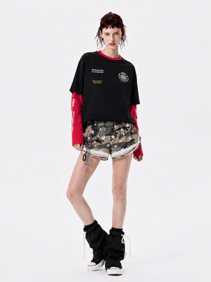 Ringer T-Shirt im Layered-Look – Schwarz, am Model, Ganzkörper von vorne | XoKool