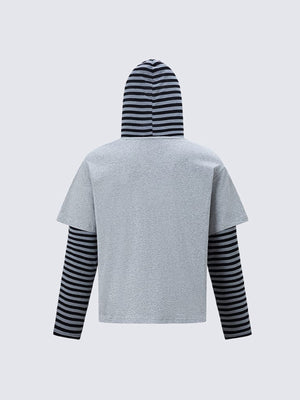 Double Layer Striped Sleeve Hoodie – Heather Grey, back view | XoKool