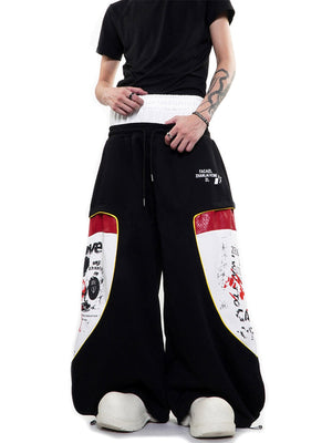 Double Waistband Patchwork Sweatpants – Black, on model front | XoKool