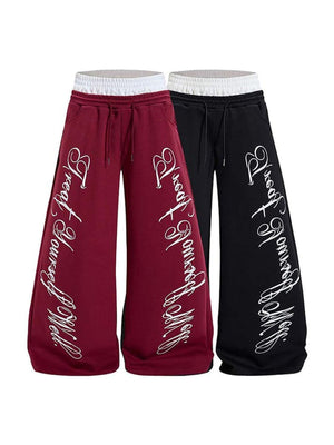Pantalones deportivos de pierna ancha con doble cintura y estampado de letras – burdeos y negro, lado a lado | XoKool