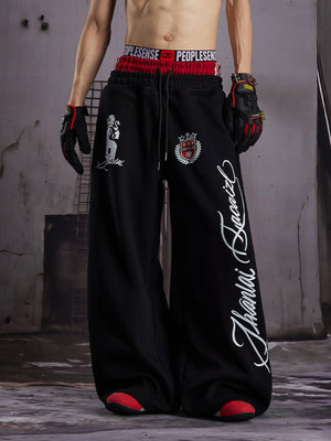 Double Waistband Sweatpants with Lion Graphic – on model, Black front | XoKool
