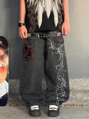 Dragon Embroidered Black Baggy Jeans – on model, front close, street | XoKool