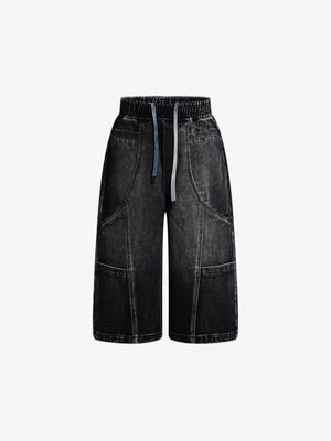 Drawstring Long Jorts with Curved Knee Panels – Black, front flat lay | XoKool