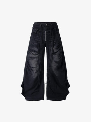 Drawstring Wide Leg Jeans with Flared Side Panels – Black, front flat | XoKool