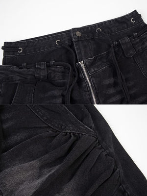 Drawstring wide leg jeans – Black waist & zip close-up | XoKool