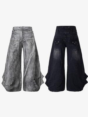 Drawstring wide leg jeans – Washed Grey + Black, back | XoKool