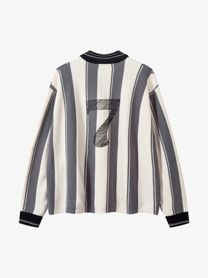 Retro Striped Polo Collar Sports Jersey Knit Sweater - thumbnail 4