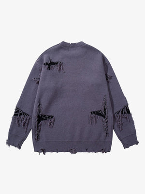 Hip-Hop Dark Skull Frayed-Edge Knit Sweater - thumbnail 10