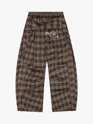Street Pleated Waistband Plaid Check Barrel Pants - thumbnail 1