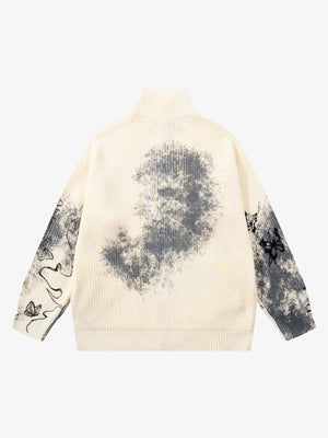 Ink-Splashed Butterfly Jacquard Zip Knit Sweater - thumbnail 3