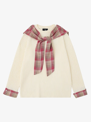 Plaid Scarf Patchwork Contrast Knit Sweater - thumbnail 1