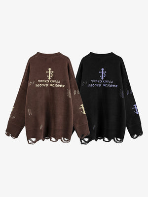 High Street Letter Jacquard Ripped Tassel Sweater - thumbnail 3