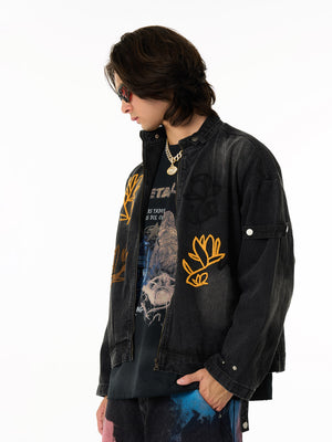Retro Street Floral Embroidery Washed Zipper Denim Jacket - thumbnail 10