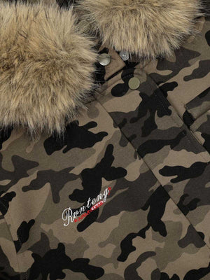 Camouflage Embroidery Patchwork Cardigan Fur Collar Hooded Sweatshirt - thumbnail 6
