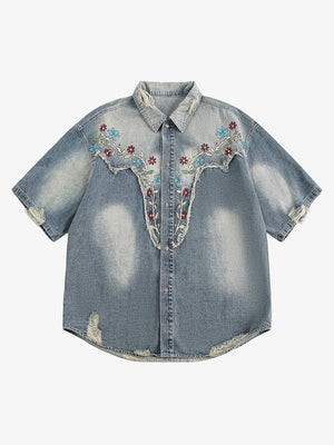 Distressed Jeanshemd mit Blumenstickerei – Vorderansicht | XoKool