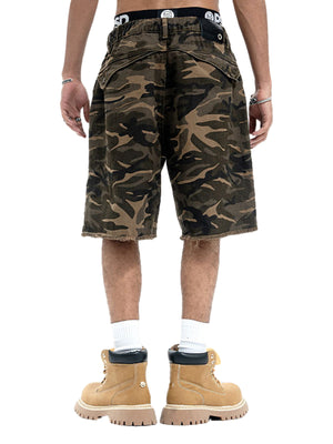 Camouflage Raw Edge Embroidered Cargo Shorts - thumbnail 4