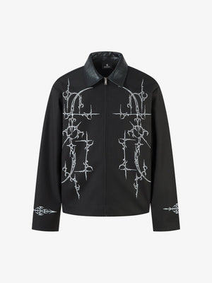 Street Gothic PU Leather Collar With Thorn Print Jacket - thumbnail 1