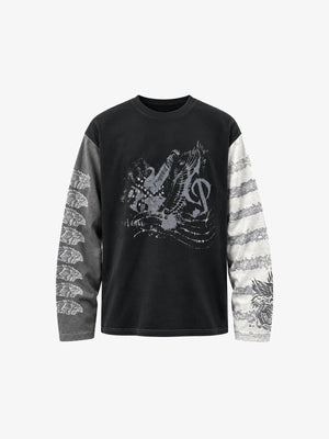 Adler T-Shirt mit unterschiedlichen langen Ärmeln – Schwarz, Vorderansicht | XoKool