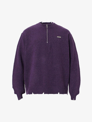 Vintage Knitted Distressed Raw Hem Half Zip Pullover Sweater - thumbnail 2
